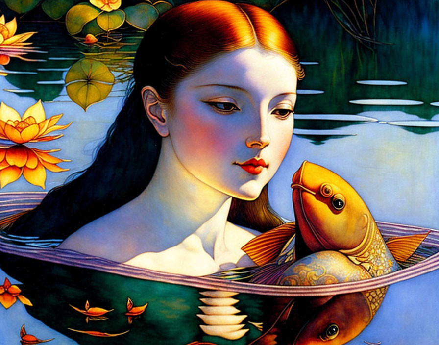 Red-haired woman holds large golden fish in water with lily pads