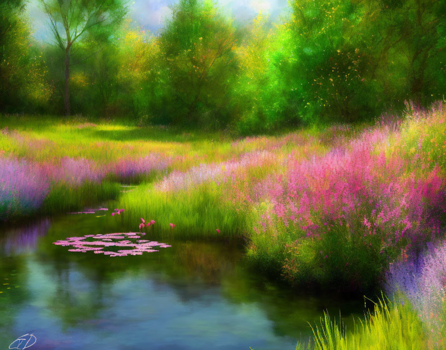 Tranquil landscape with purple wildflowers, lush greenery, pond, and soft light