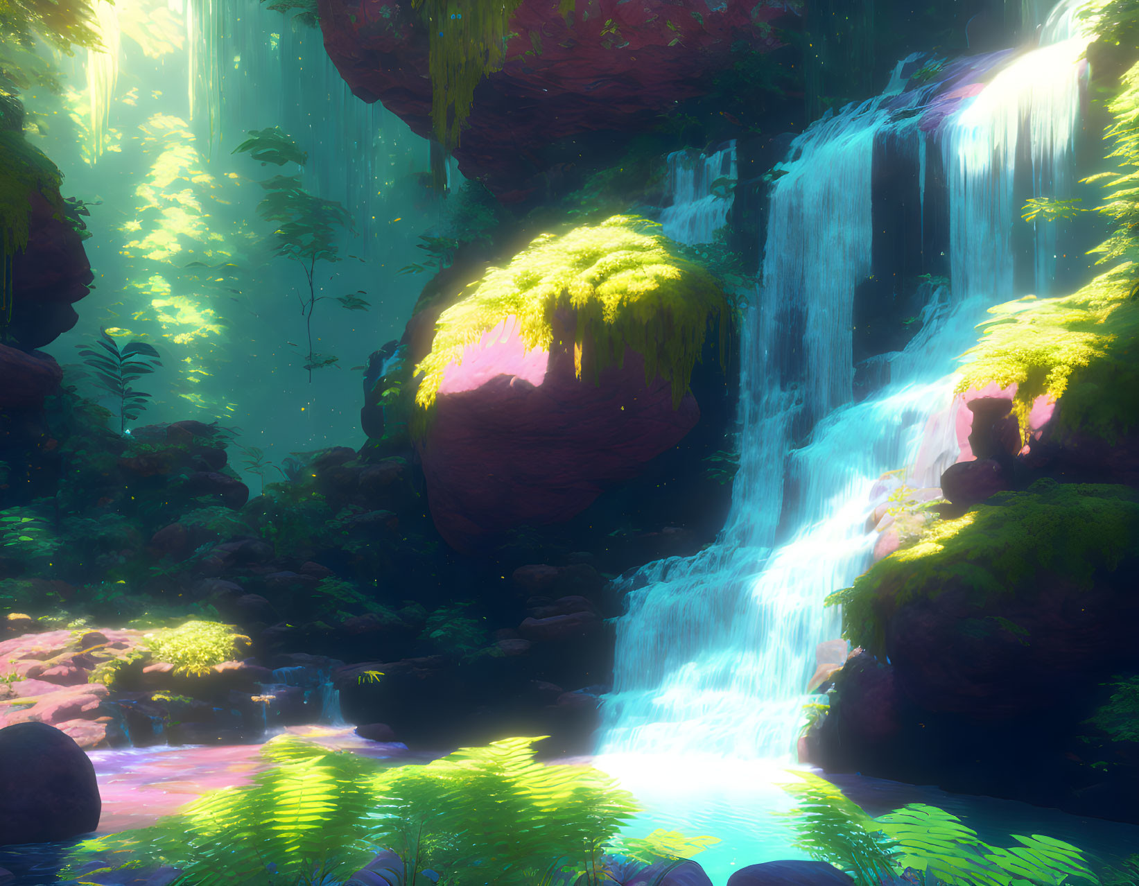 Tranquil scene: lush waterfall, serene pool, verdant foliage, moss-covered rocks, eth