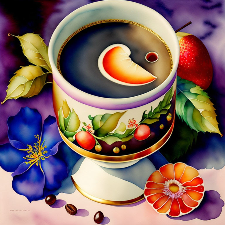 Surreal painting: coffee cup with moon crescent, fruits, flowers, coffee beans