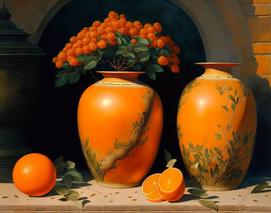 Ornate orange vases with ripe oranges and arch motif in still-life painting