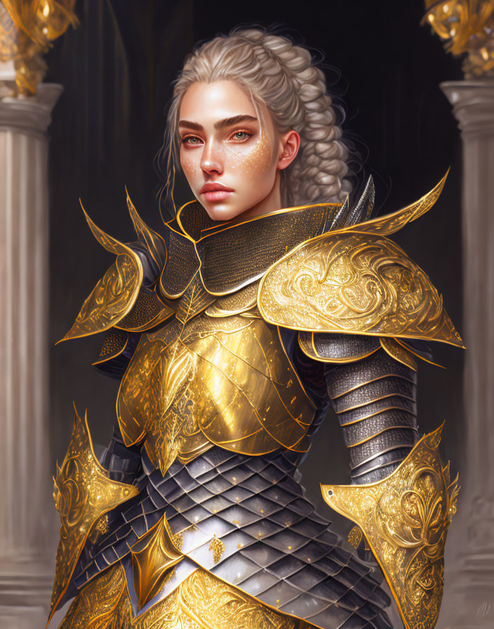 Digital artwork: Woman in white hair, golden armor, intricate patterns, classical columns.