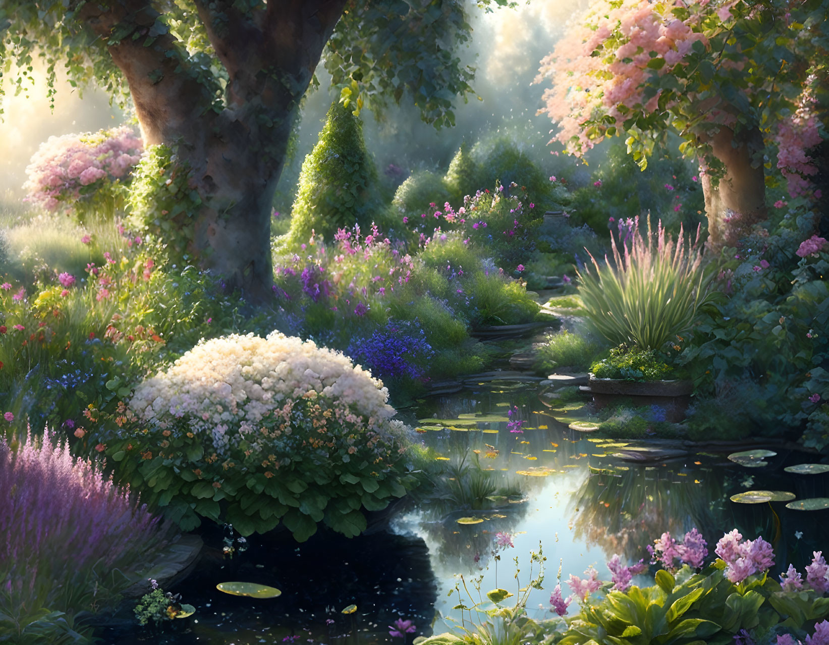 Tranquil garden scene with lush trees, blooming flowers, serene pond, and sunlight.