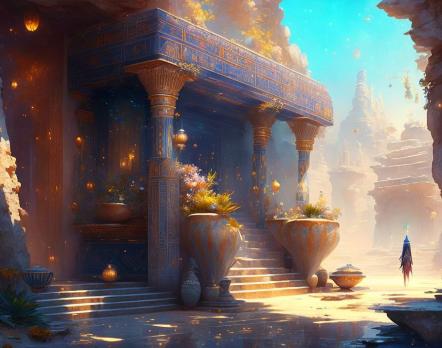 Ancient temple with ornate pillars, vibrant flora, and cloaked figure