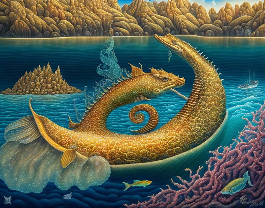 Surreal painting of golden dragon-like fish in underwater scene