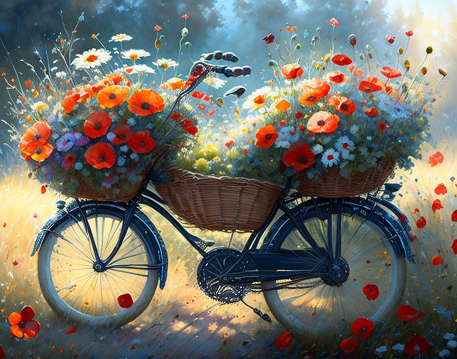 Vintage Blue Bicycle with Red Poppies and White Daisies in Sunlit Meadow