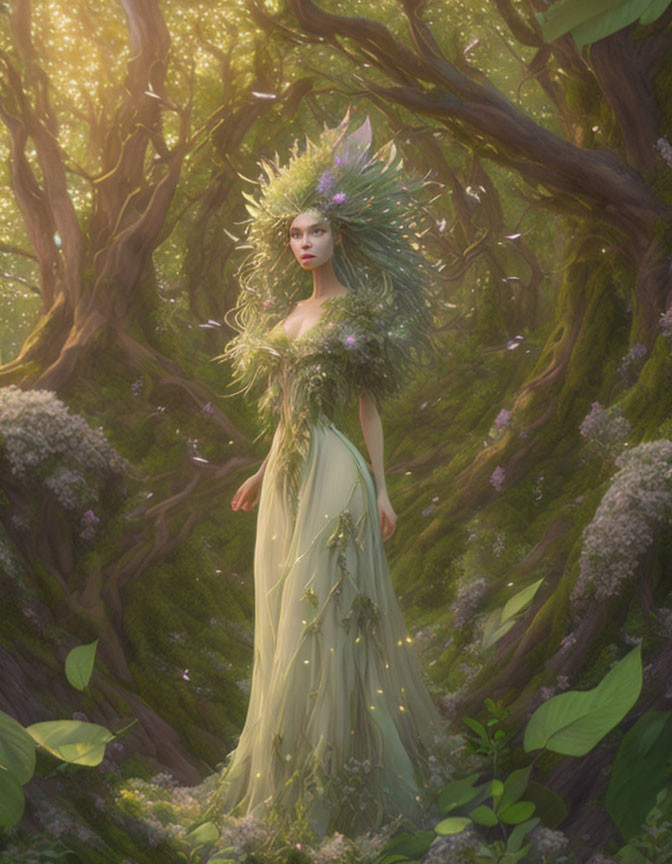 Forest Nymph in Leaf Dress Surrounded by Sunlit Woodland