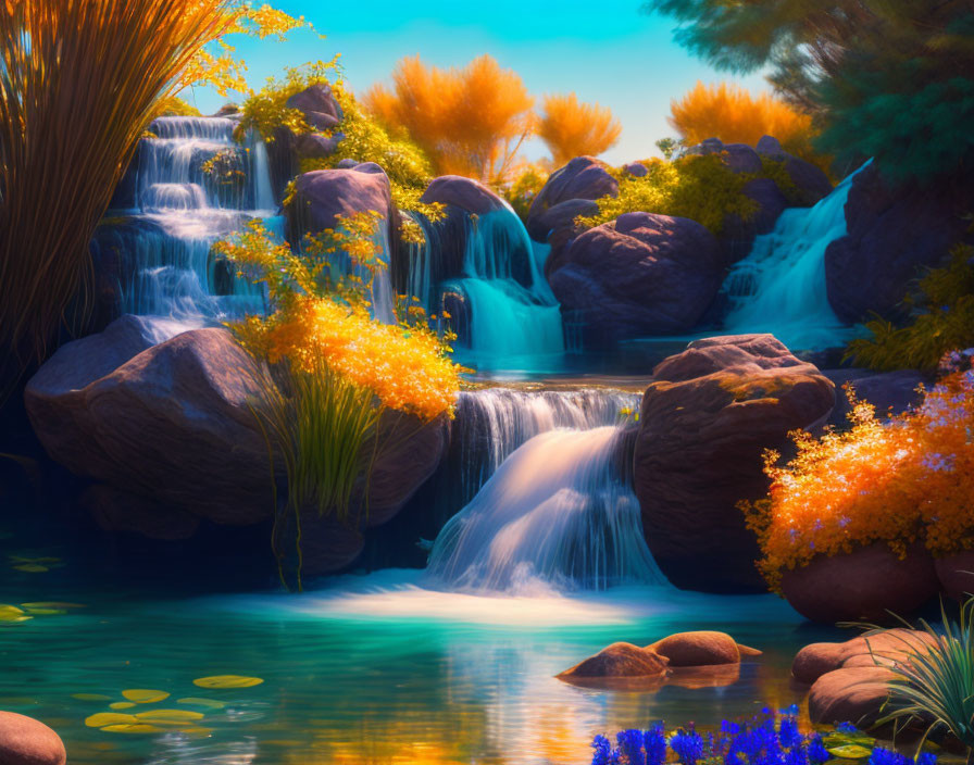 Scenic waterfall with autumn foliage and soft glow