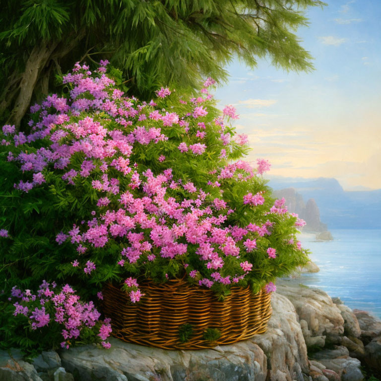 Pink Flowering Bush in Wicker Basket on Coastal Cliffs