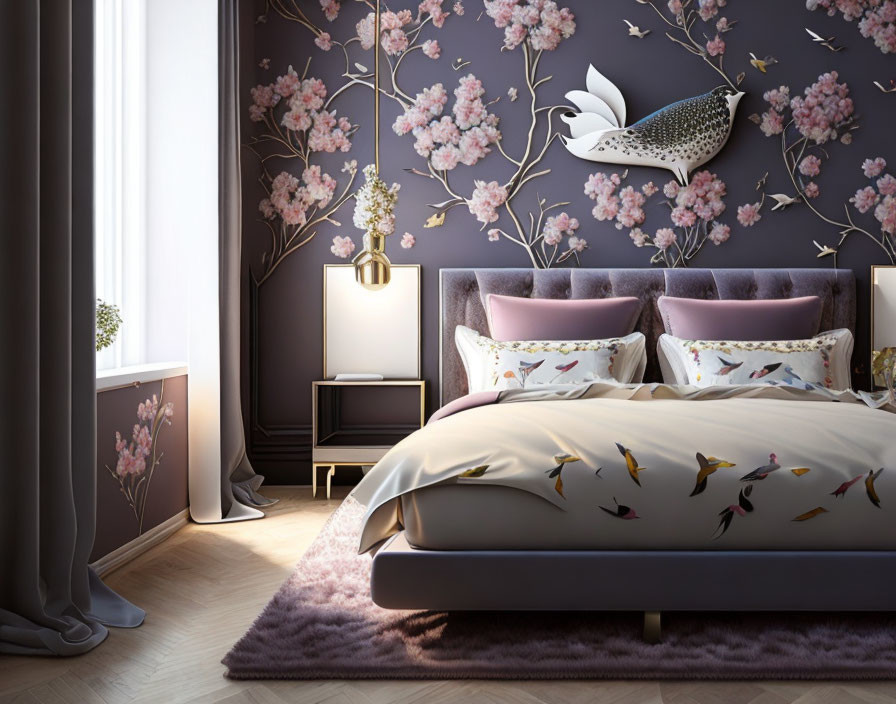 Luxurious bedroom with purple theme, floral wallpaper, plush bed, bird-shaped wall art, elegant lighting