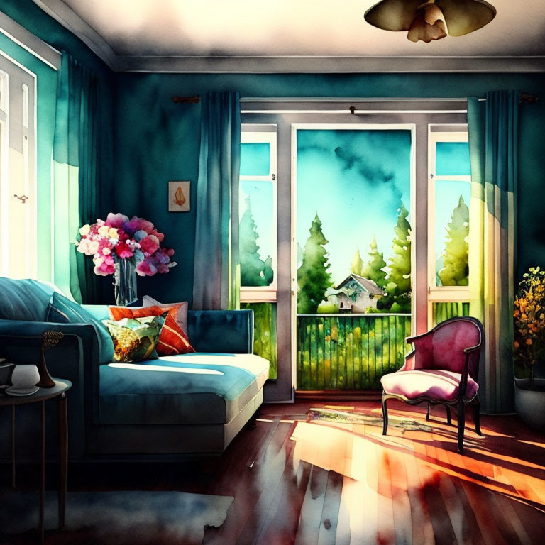 Sunlit Room with Turquoise Walls, Sofa, Armchair, and Flowers overlooking Green Landscape