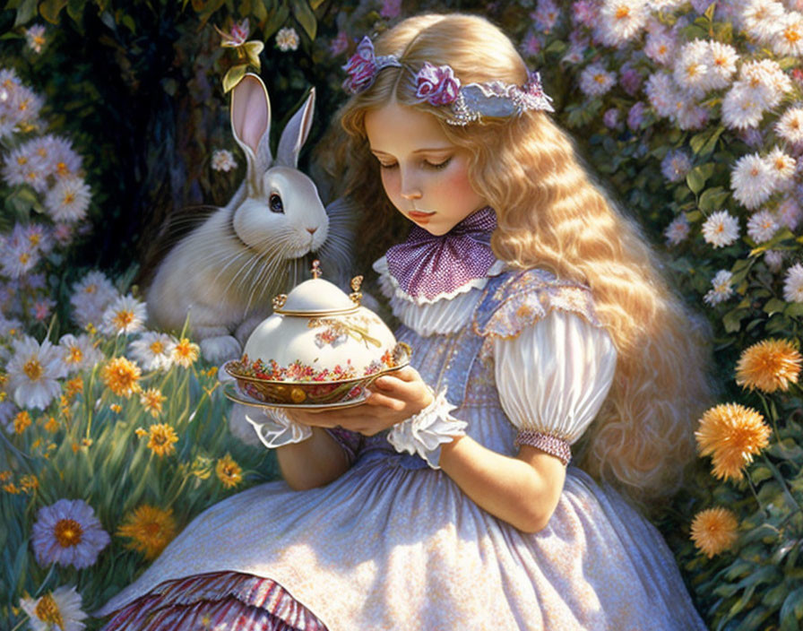 Vintage-dressed girl with rabbit admiring teapot in lush garden