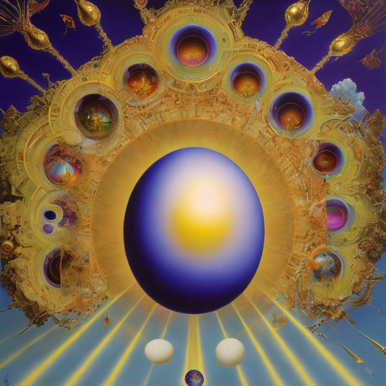 Surreal Artwork: Blue Sphere, Golden Structures, Celestial Background