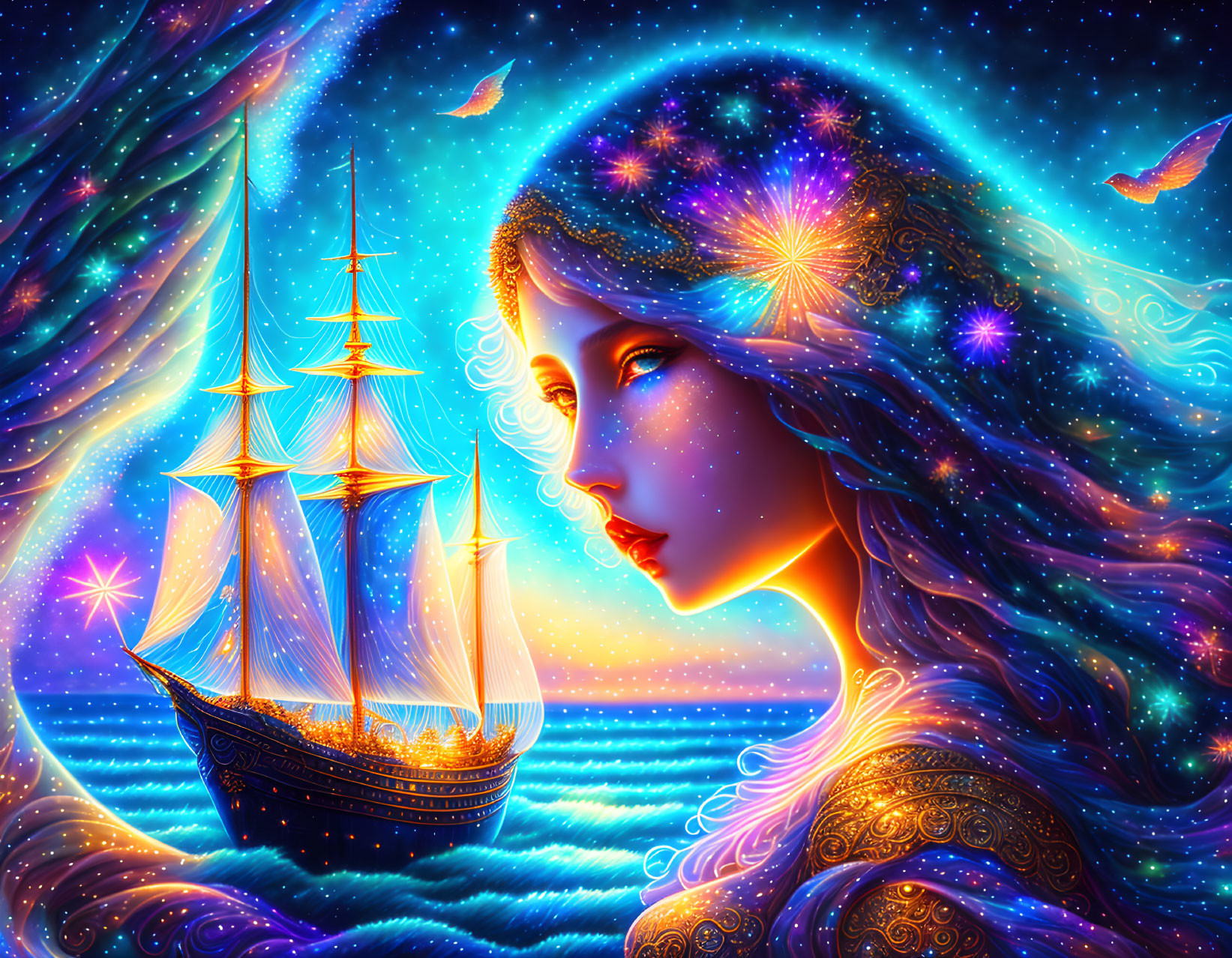 Digital artwork: Woman's profile with cosmic features sailing through starry sea and nebulae