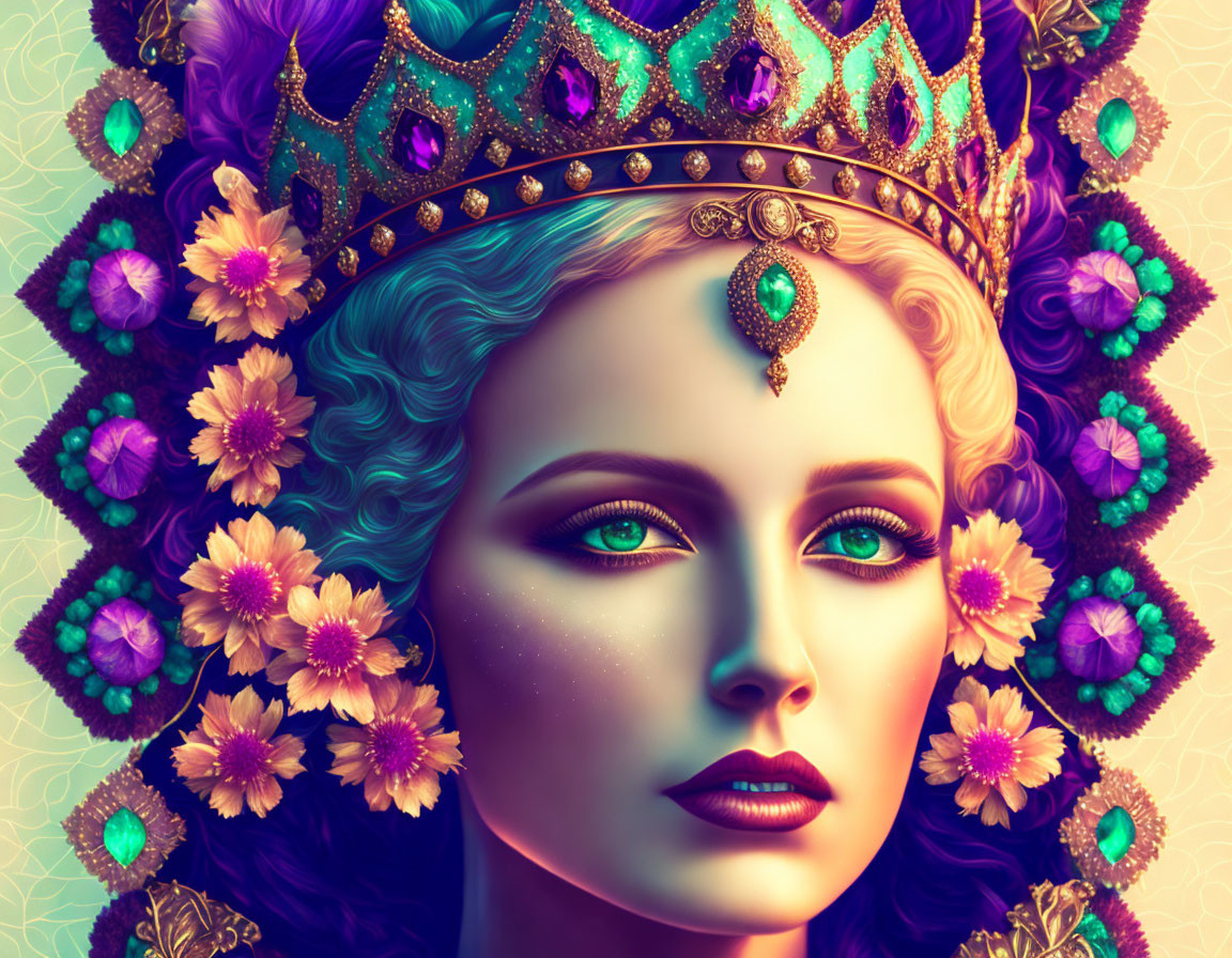 Regal Crown Woman Artwork with Amethysts and Lilac Flowers