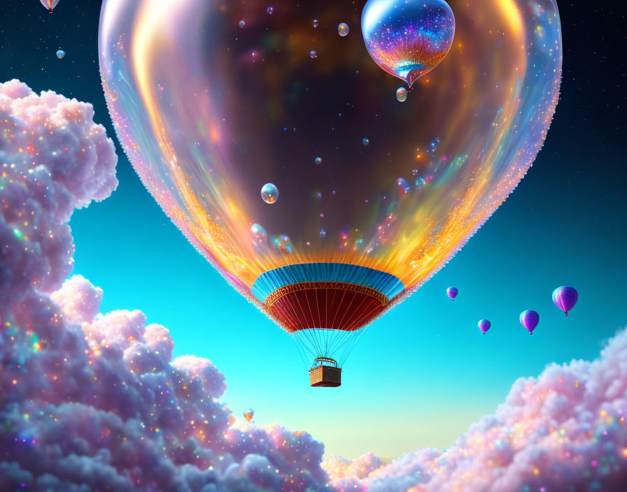 Colorful Heart-Shaped Hot Air Balloon Artwork with Clouds and Stars