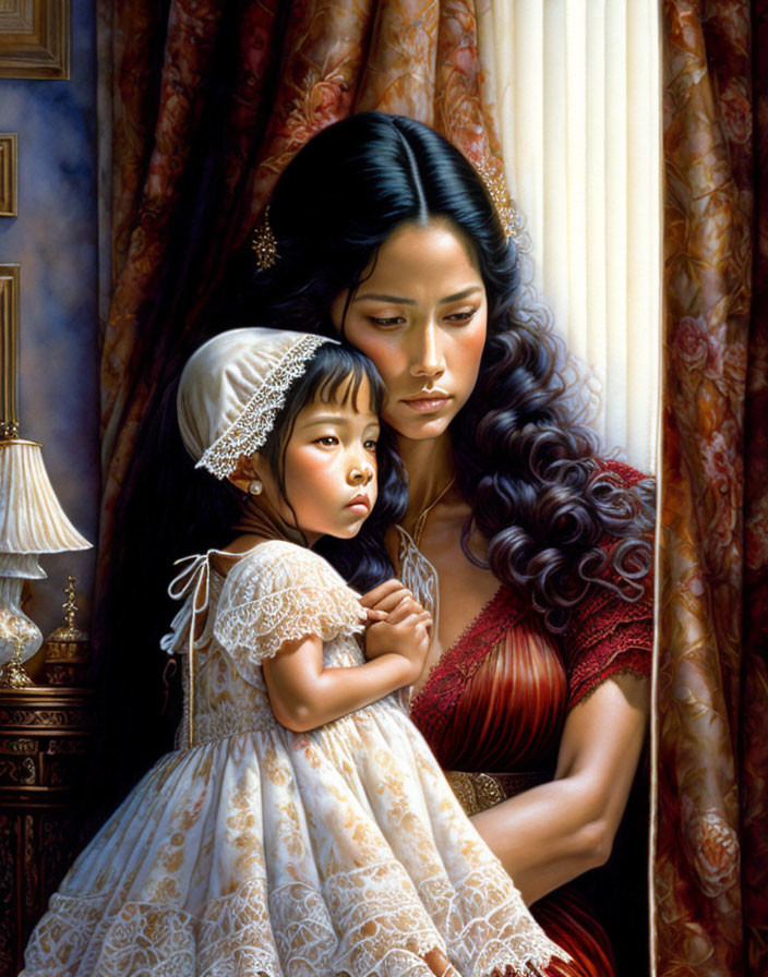 Somber woman and child in red and white outfits by window with drapes