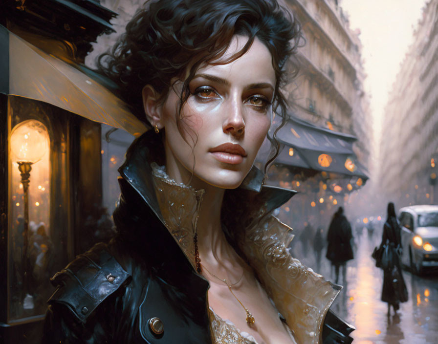 Digital Art Portrait of Woman with Curly Hair in Leather Jacket and Gold Dress