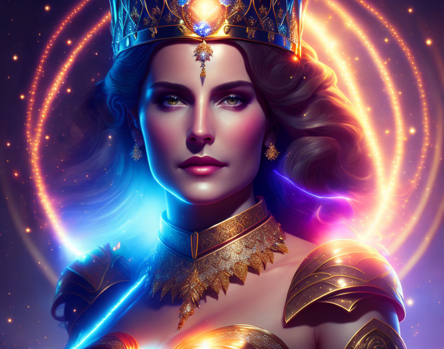 Regal female figure in crown and golden armor against cosmic backdrop