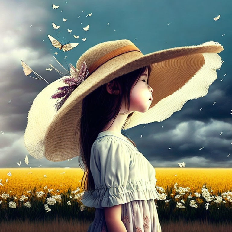 Young girl in straw hat surrounded by yellow flowers and butterflies under stormy sky