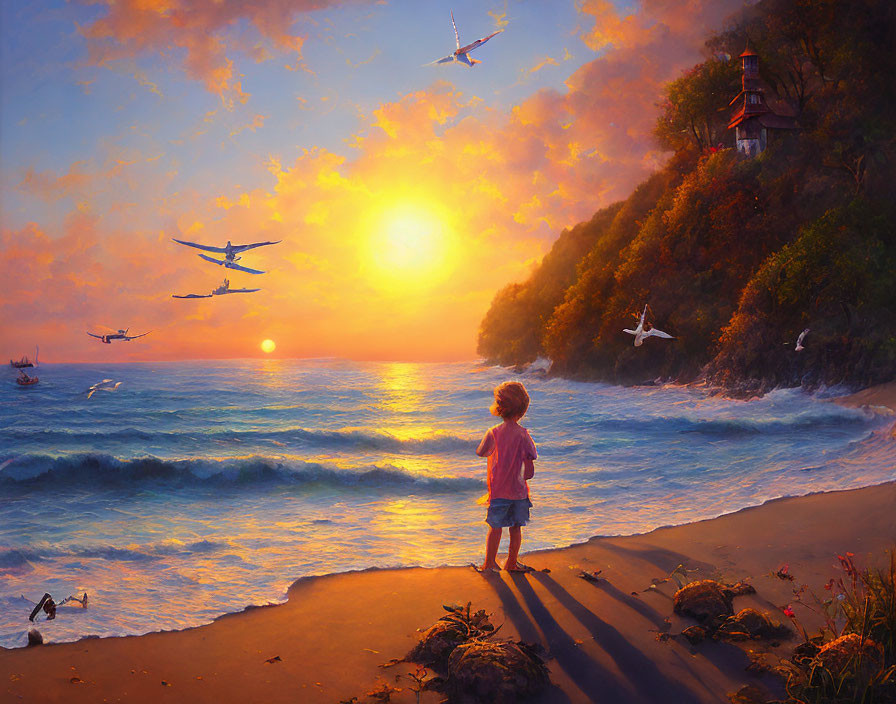 Child on beach at sunset with seagulls, boats, and lighthouse