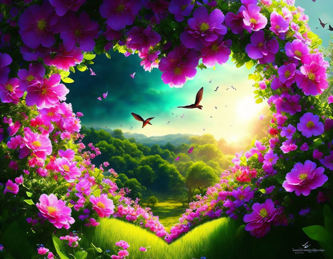 Colorful landscape with heart-shaped pink flower frame, hummingbirds, meadow, trees, and sunny