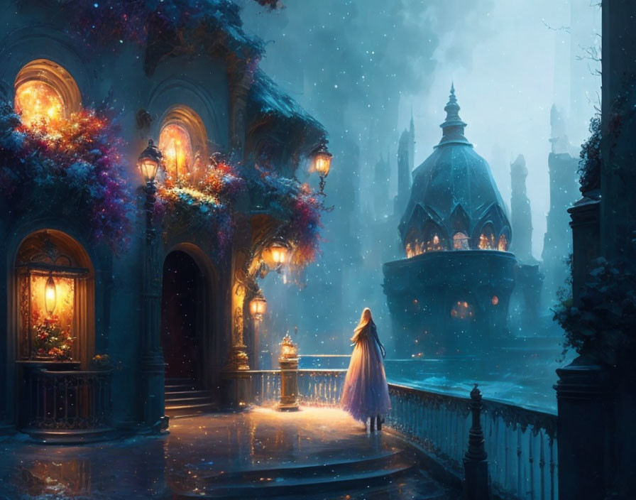 Person in flowing dress on balcony with vibrant flowers, overlooking lit-up castle at twilight.