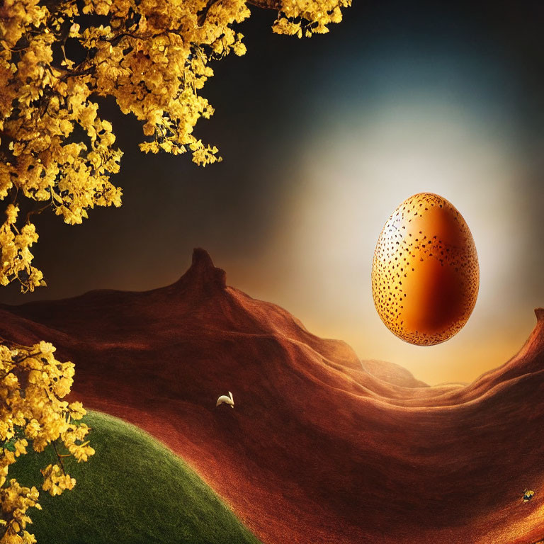 Golden Egg Levitating Over Red Rocky Landscape with Yellow Flowers