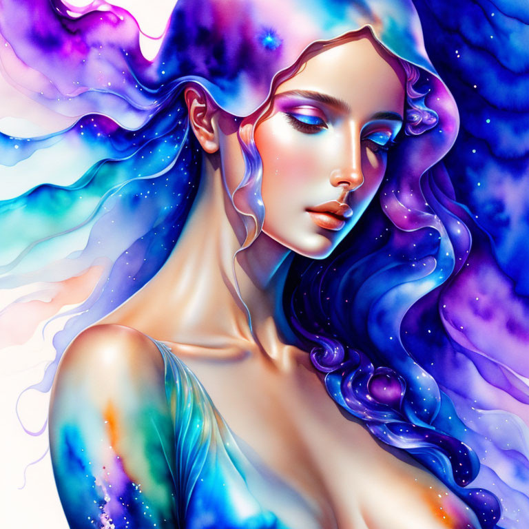 Colorful digital artwork of woman with cosmic hair and starry skin.