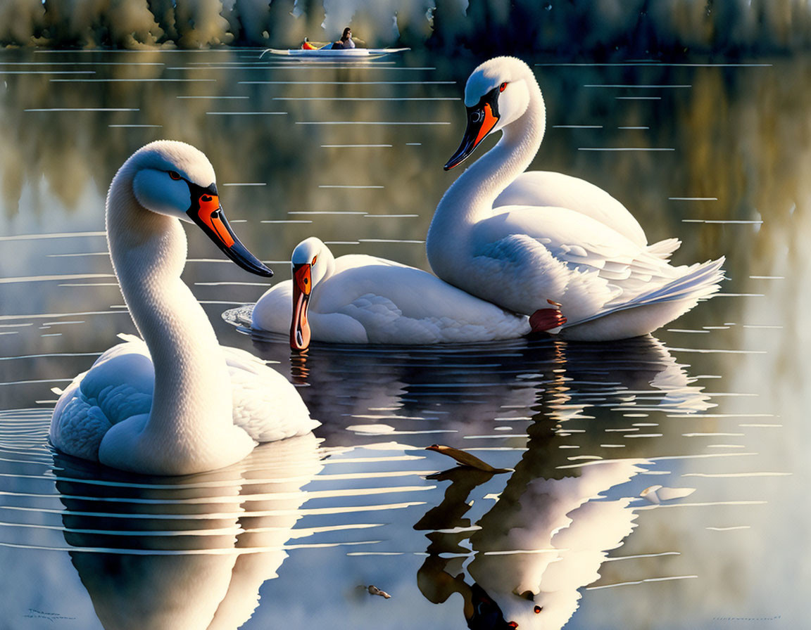 Graceful swans and rowboat on calm lake