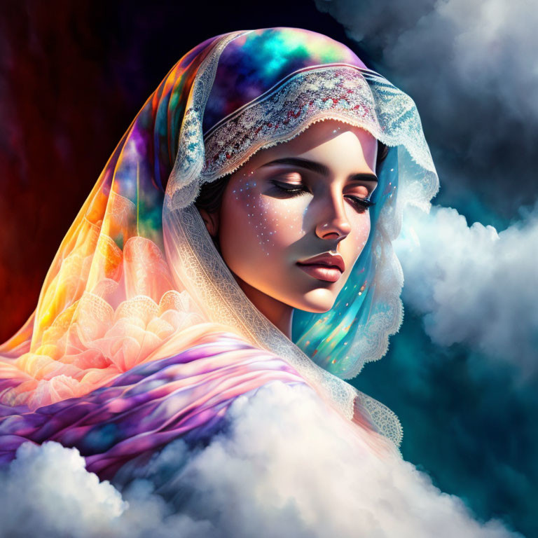 Colorful Ethereal Shawl Woman Artwork on Dark Background