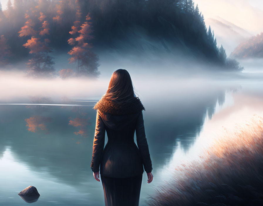 Woman by misty autumn lake at dawn or dusk