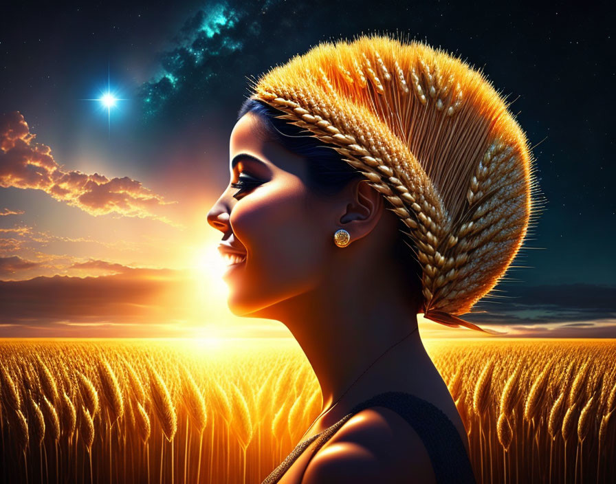 Woman with Wheat Sheaf Hairstyle Smiling in Wheat Field at Sunset