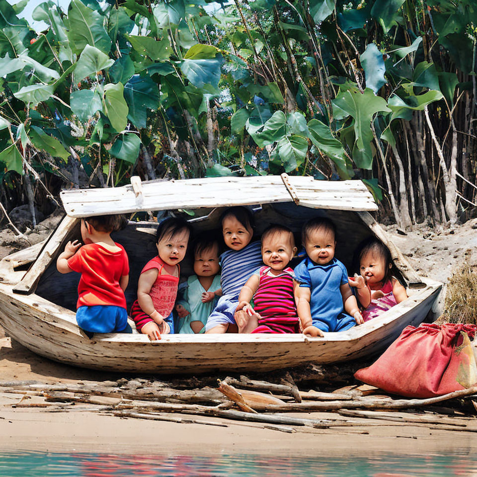 Six children in wooden boat on sandy riverbank with green foliage