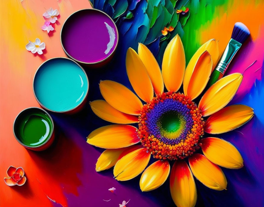 Colorful Sunflower Painting with Paint Cans and Brush on Colorful Background