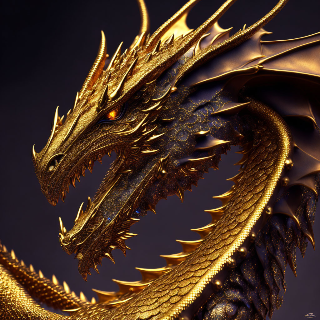 Detailed golden dragon with gleaming eyes and spread wings on dark background