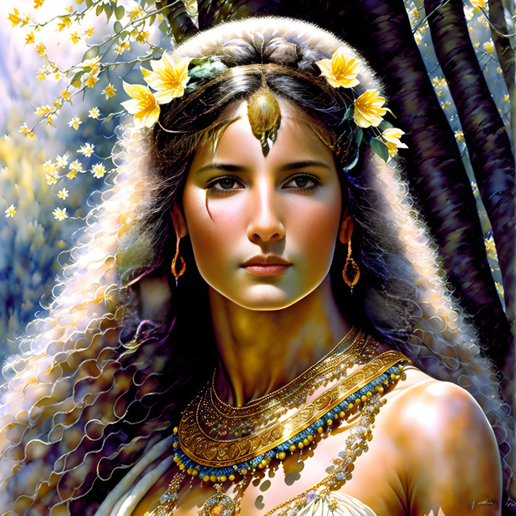 Ornate gold headpiece woman in nature setting