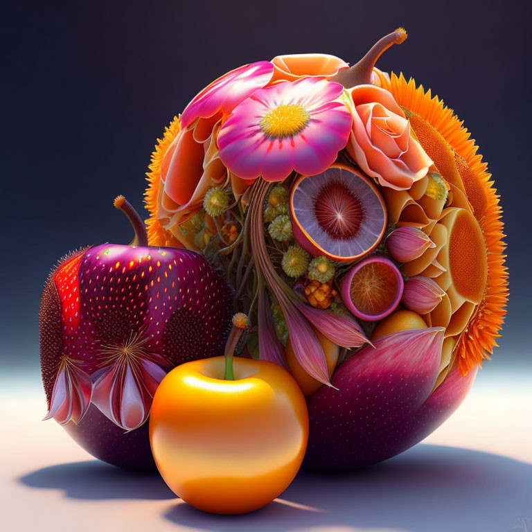 Colorful Digital Artwork: Spherical Bouquet of Flowers and Fruit Slice on Gradient Background