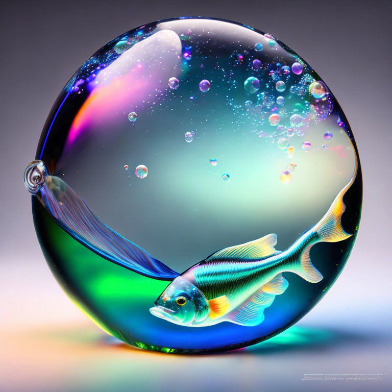 Colorful Glass Orb with Realistic Fish and Bubbles on Gradient Background