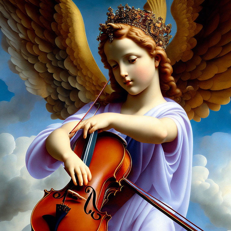 Angelic figure with wings and crown playing violin in heavenly scene