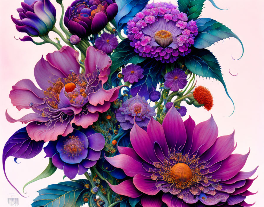 Detailed purple and pink flower illustration on soft pastel background