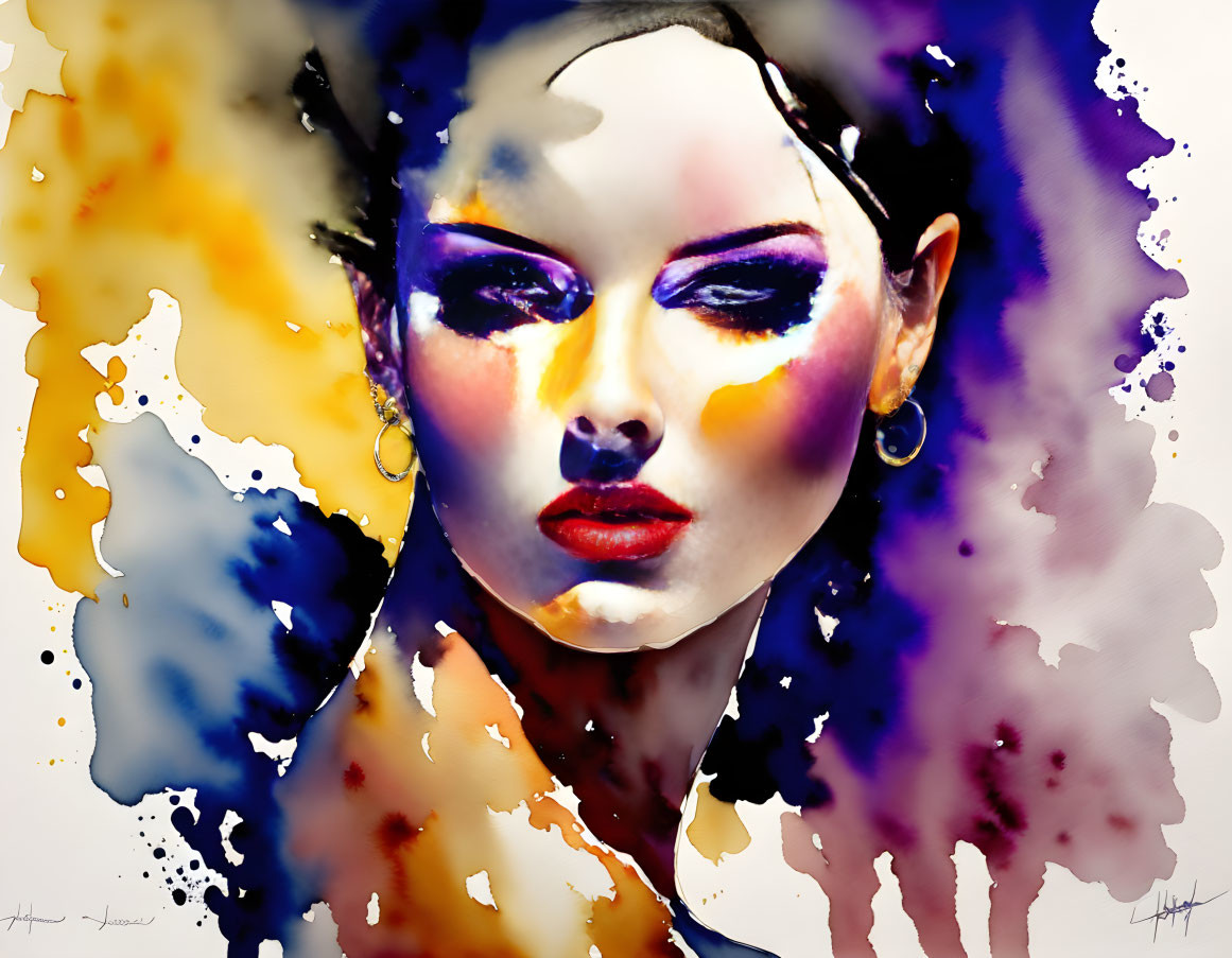 Colorful Watercolor Portrait of Woman with Striking Makeup