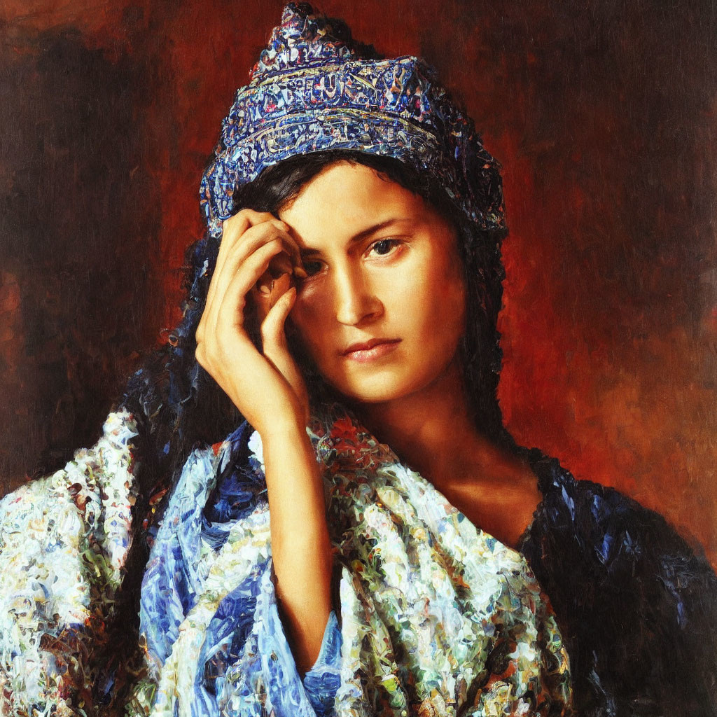 Woman in Blue Patterned Headscarf Oil Painting