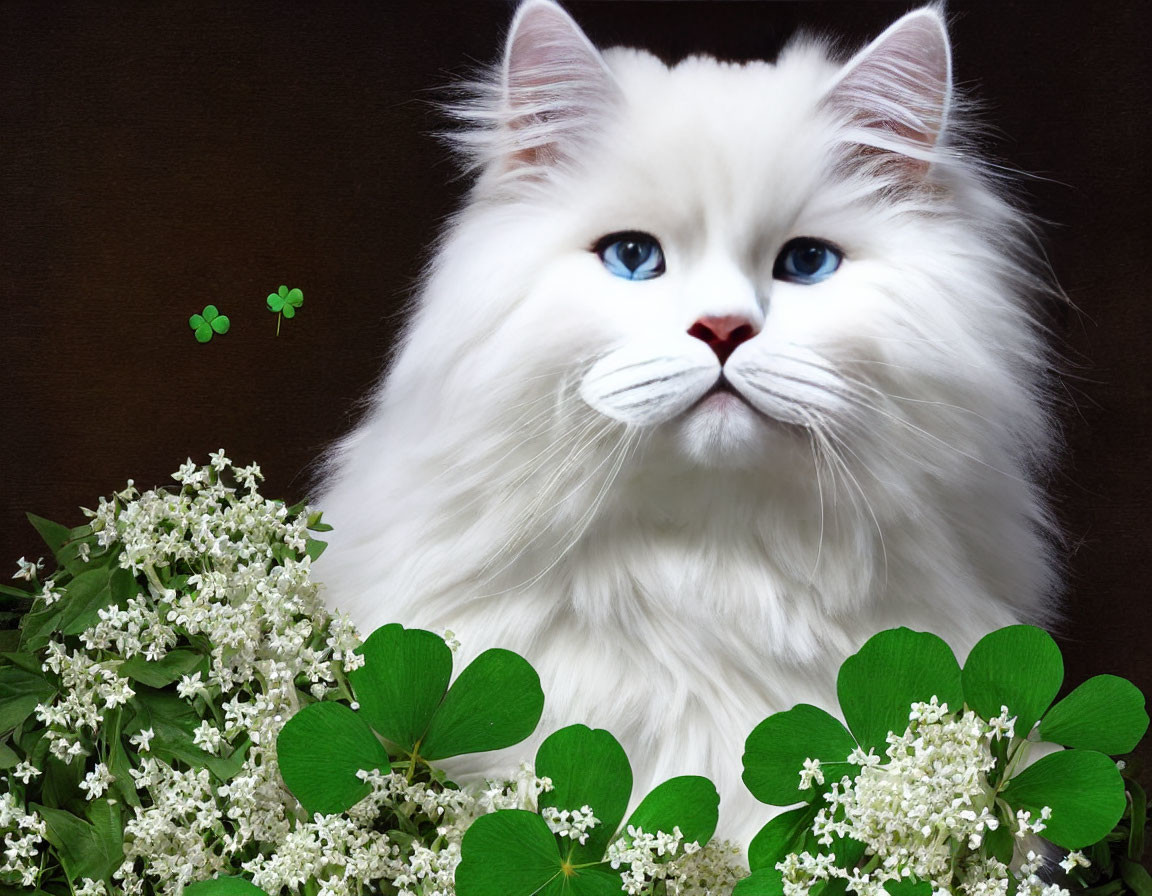 Fluffy white cat with blue eyes in clover and blossoms on brown background