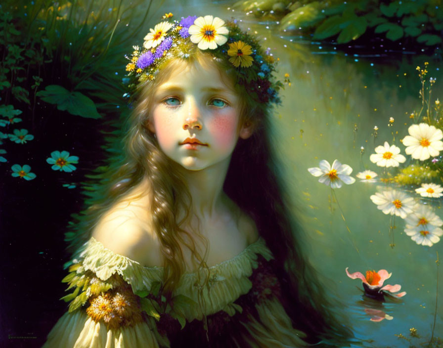 Young girl with wildflower crown in lush greenery.