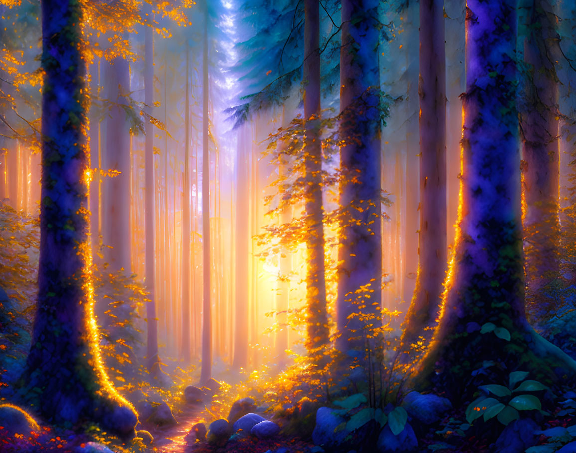 Majestic forest scene with tall trees, radiant sunlight, golden hues, and mystical ambiance