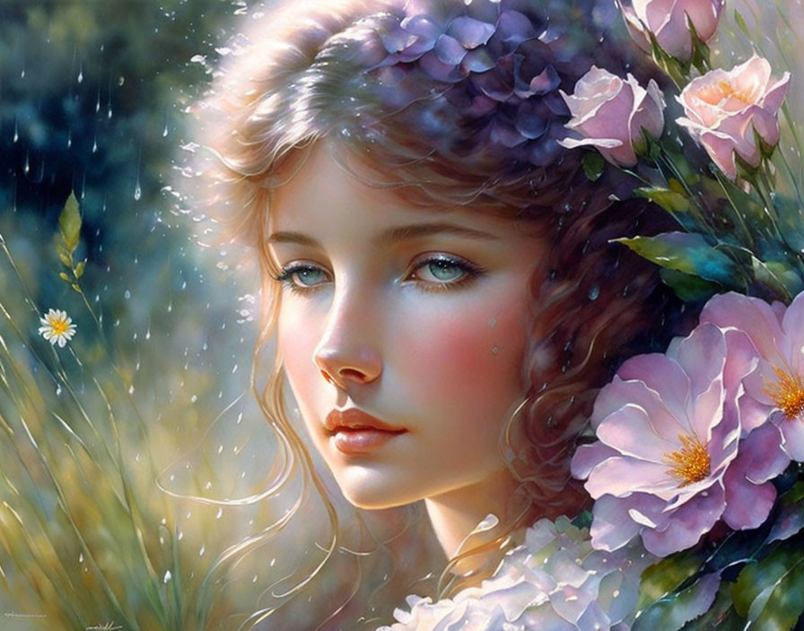 Digital Artwork: Young Woman Surrounded by Pastel Flowers