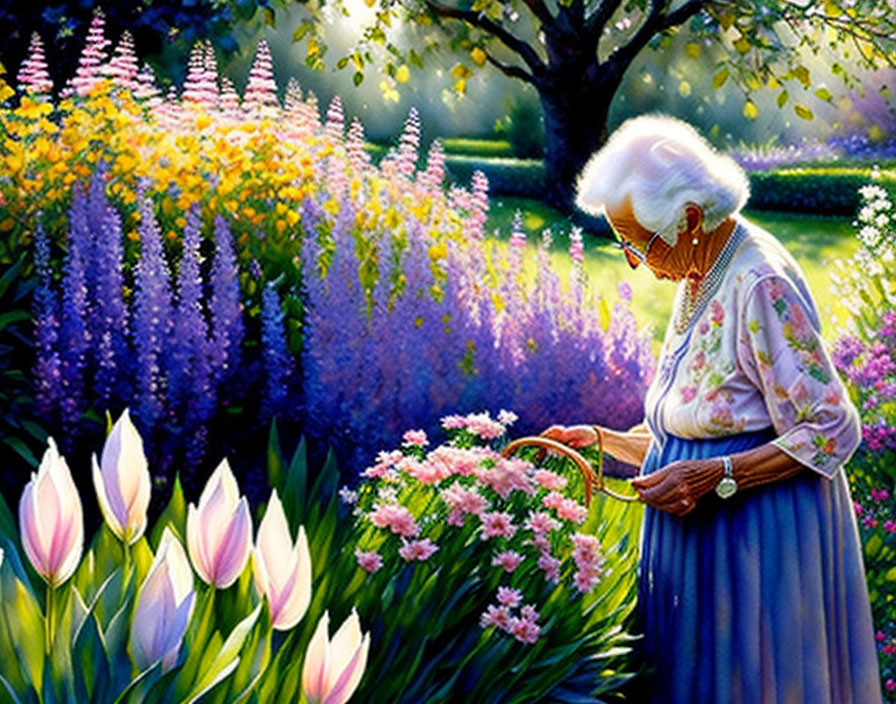 Elderly woman tending colorful garden under sunlight