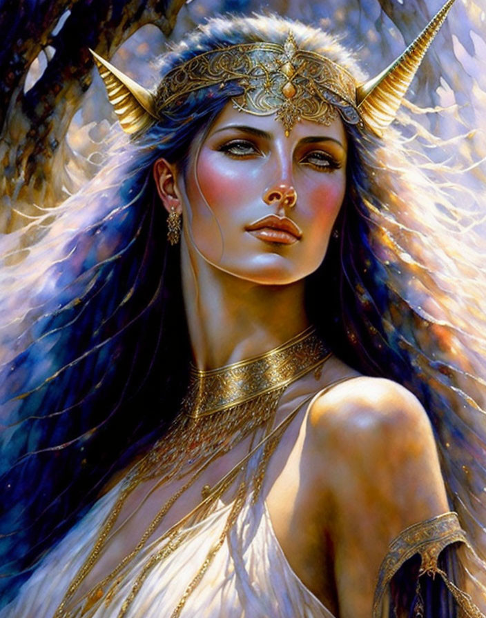 Mystical woman with golden horns in dappled light