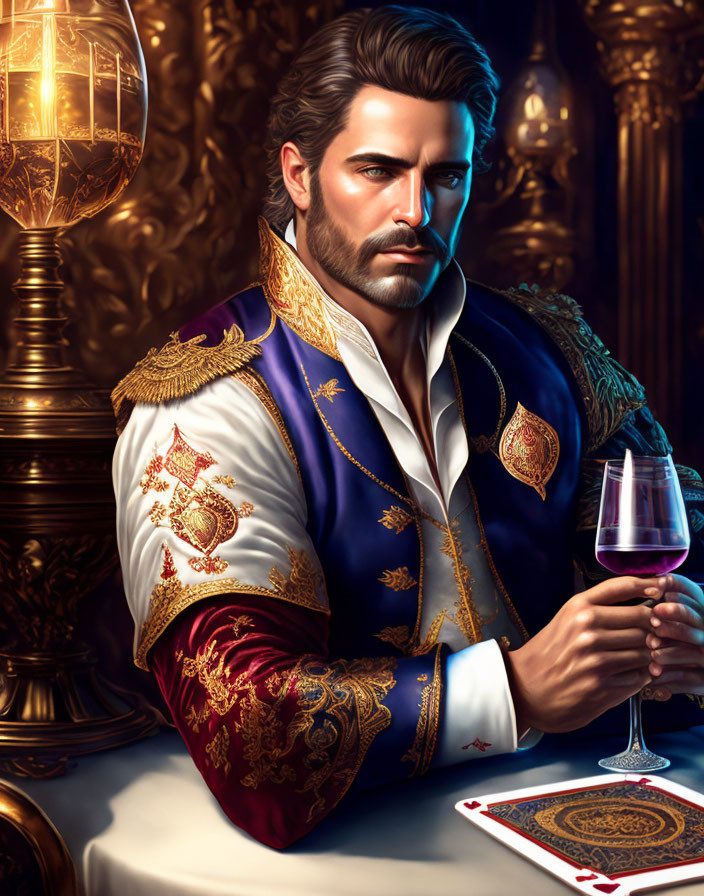 Bearded man in regal attire with wine glass and ornate decor